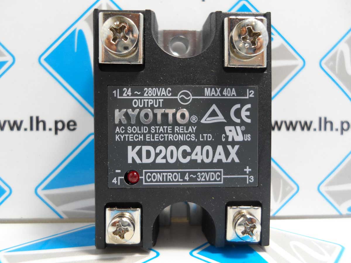 KD20C40AX         Kyotto KD20C40AX Relay SS, 4- 32 Volt DC Input 40 Amp, 280 Volt AC Output 4-Pin